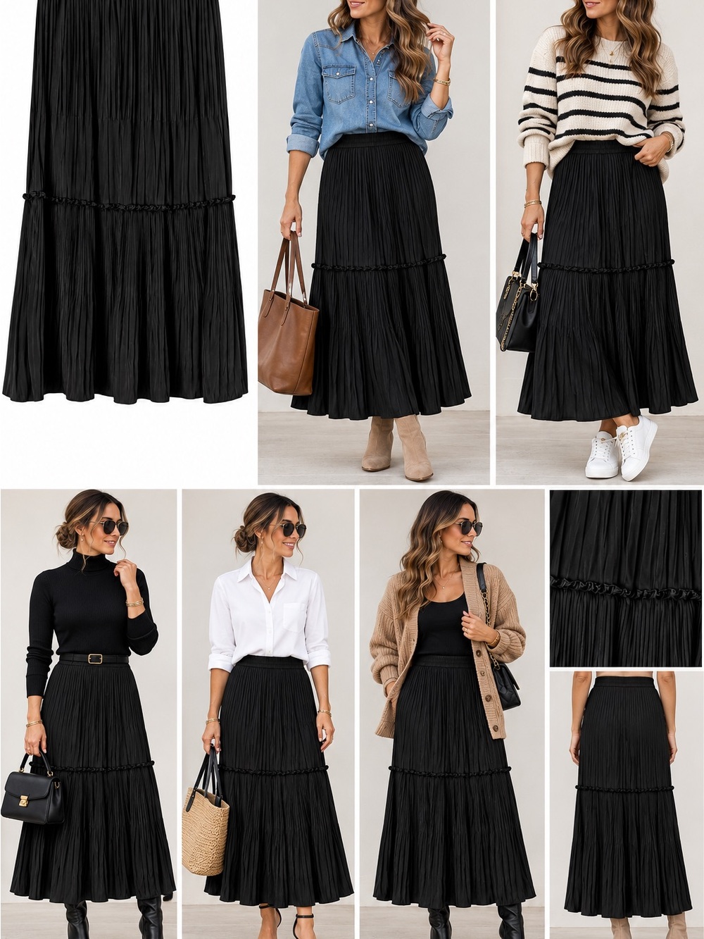 Rachel Zoe Black Tiered Pleated Maxi Skirt